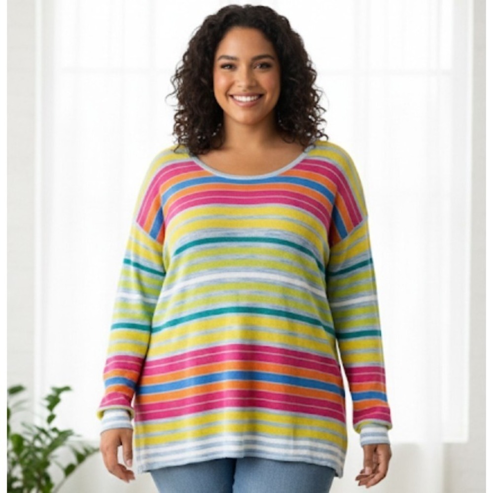 Soft Surroundings Sweater Womens 1X Multicolor Striped Scoop Neck‎ Open-Knit